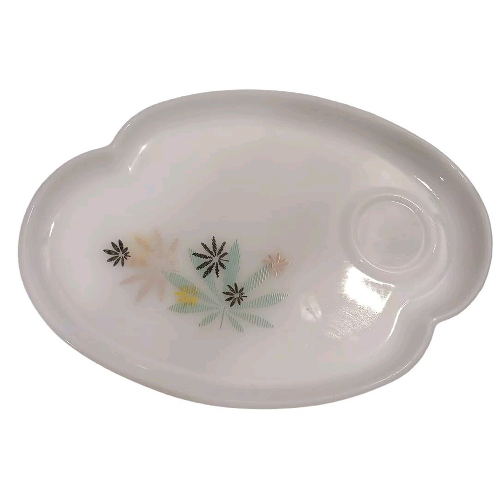 MCM Atomic Flower Pot Leaf Federal Milk Glass Patio Snack Plates Only Set of 3